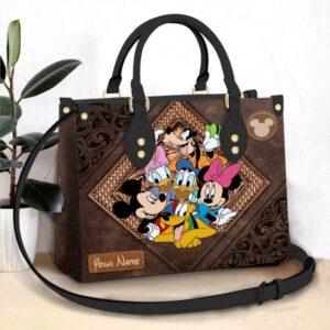 Custom Name Mickey Mouse With Friends Women Leather HandBag