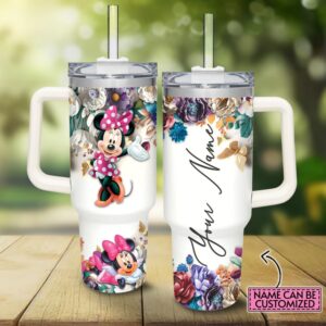 Custom Name Minie Mouse And Flowers Cartoon Tumbler 40oz With Handle