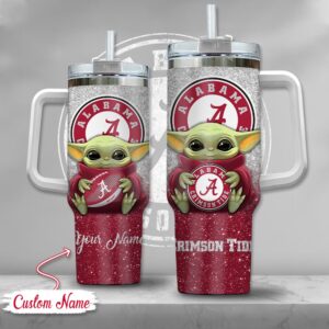 Custom Name NCAA Alabama Crimson Tide Baby Yoda Stainless Steel Tumbler 40oz With Handle