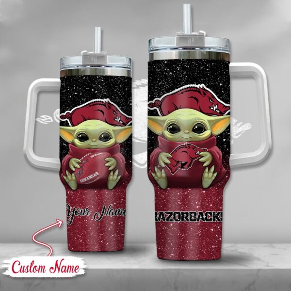 Custom Name NCAA Arkansas Razorbacks Baby Yoda Stainless Steel Tumbler 40oz With Handle