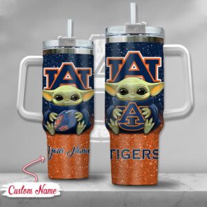 Custom Name NCAA Auburn Tigers Baby Yoda Stainless Steel Tumbler 40oz With Handle