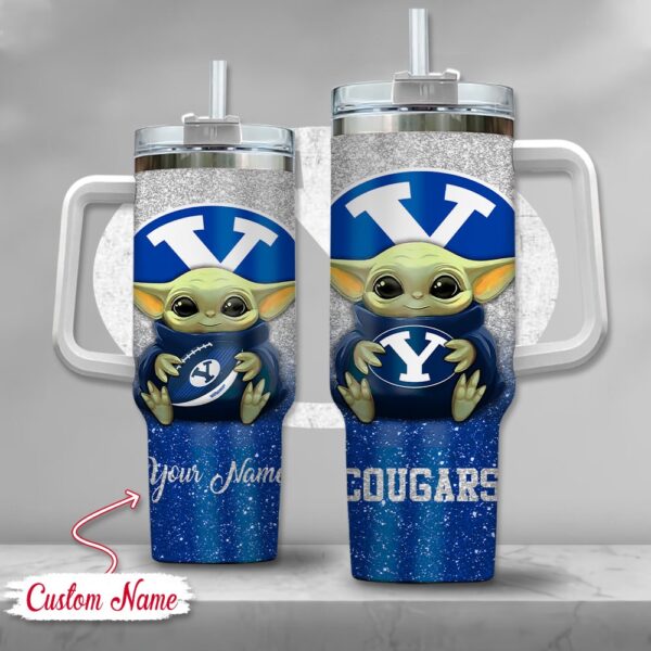 Custom Name NCAA BYU Cougars Baby Yoda Stainless Steel Tumbler 40oz With Handle