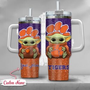 Custom Name NCAA Clemson Tigers Baby Yoda Stainless Steel Tumbler 40oz With Handle