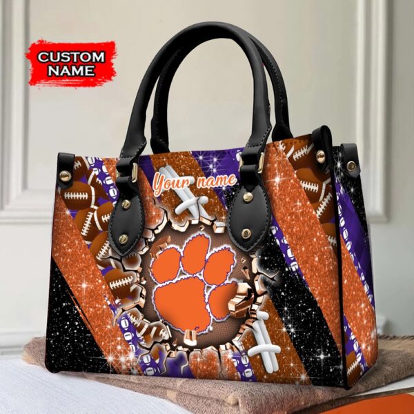 Custom Name NCAA Clemson Tigers Women Leather Hand Bag