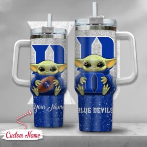 Custom Name NCAA Duke Blue Devils Baby Yoda Stainless Steel Tumbler 40oz With Handle