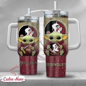 Custom Name NCAA Florida State Seminoles Baby Yoda Stainless Steel Tumbler 40oz With Handle