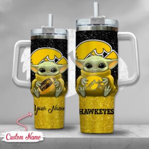 Custom Name NCAA Iowa Hawkeyes Baby Yoda Stainless Steel Tumbler 40oz With Handle