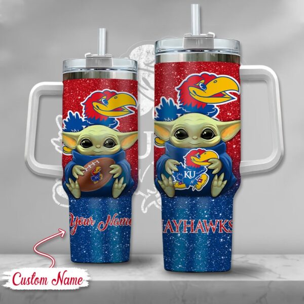 Custom Name NCAA Kansas Jayhawks Baby Yoda Stainless Steel Tumbler 40oz With Handle