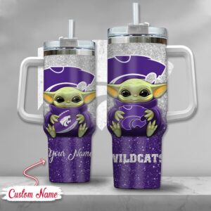 Custom Name NCAA Kansas State Wildcats Baby Yoda Stainless Steel Tumbler 40oz With Handle