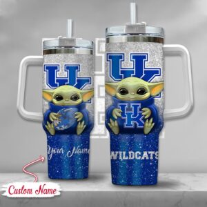 Custom Name NCAA Kentucky Wildcats Baby Yoda Stainless Steel Tumbler 40oz With Handle