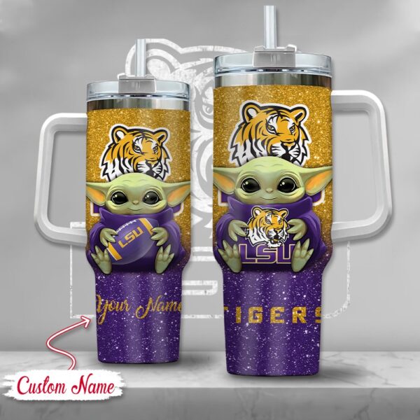 Custom Name NCAA LSU Tigers Baby Yoda Stainless Steel Tumbler 40oz With Handle