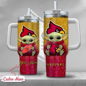 Custom Name NCAA Louisville Cardinals Baby Yoda Stainless Steel Tumbler 40oz With Handle