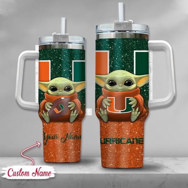 Custom Name NCAA Miami Hurricanes Baby Yoda Stainless Steel Tumbler 40oz With Handle