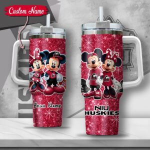 Custom Name NCAA Northern Illinois Huskies Mickey And Minnie Couple Stainless Steel Tumbler 40oz With Handle