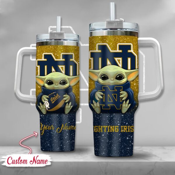 Custom Name NCAA Notre Dame Fighting Irish Baby Yoda Stainless Steel Tumbler 40oz With Handle