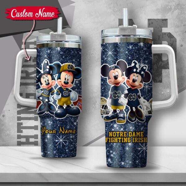 Custom Name NCAA Notre Dame Fighting Irish Mickey And Minnie Couple Stainless Steel Tumbler 40oz With Handle