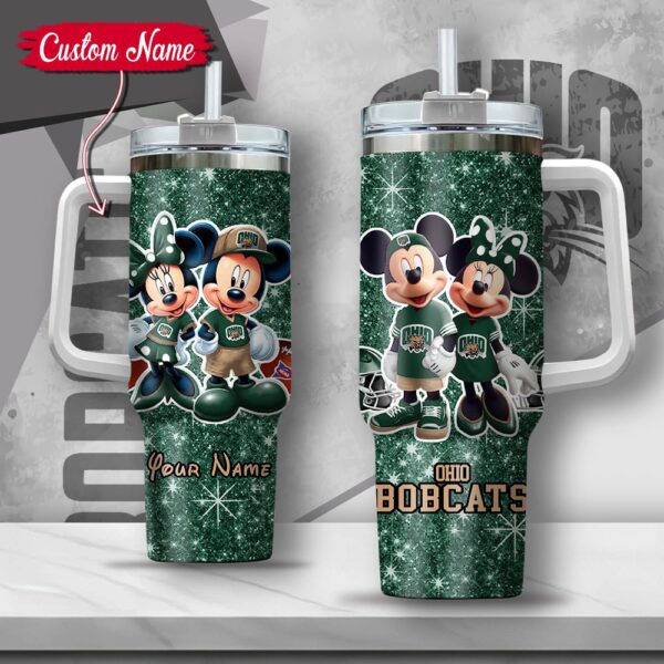 Custom Name NCAA Ohio Bobcats Mickey And Minnie Couple Stainless Steel Tumbler 40oz With Handle