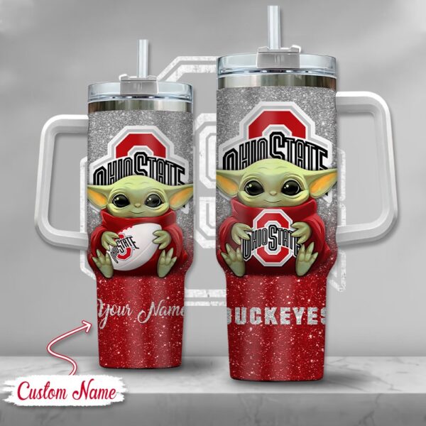 Custom Name NCAA Ohio State Buckeyes Baby Yoda Stainless Steel Tumbler 40oz With Handle