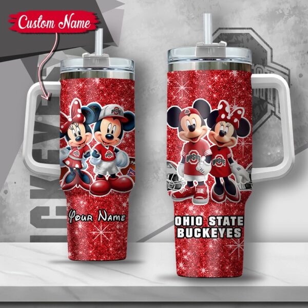 Custom Name NCAA Ohio State Buckeyes Mickey And Minnie Couple Stainless Steel Tumbler 40oz With Handle