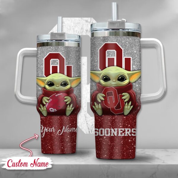 Custom Name NCAA Oklahoma Sooners Baby Yoda Stainless Steel Tumbler 40oz With Handle