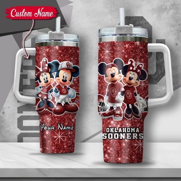 Custom Name NCAA Oklahoma Sooners Mickey And Minnie Couple Stainless Steel Tumbler 40oz With Handle