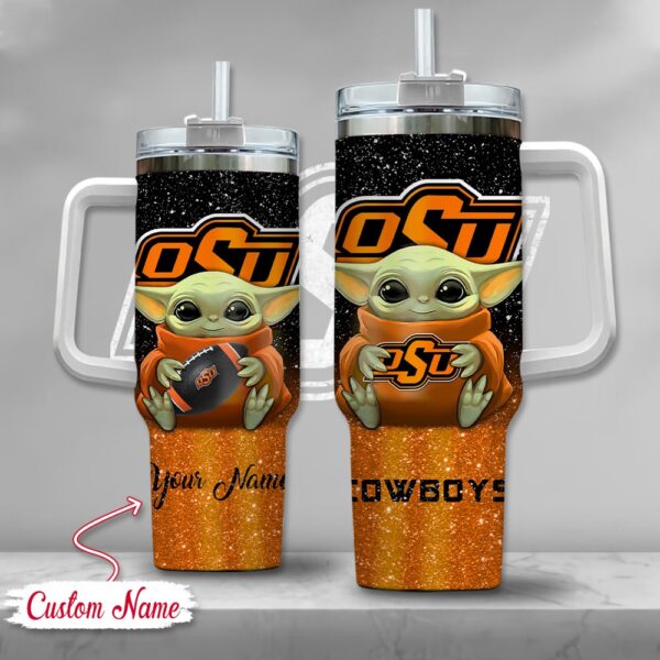 Custom Name NCAA Oklahoma State Cowboys Baby Yoda Stainless Steel Tumbler 40oz With Handle