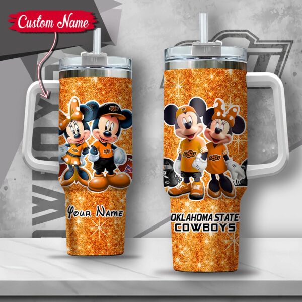 Custom Name NCAA Oklahoma State Cowboys Mickey And Minnie Couple Stainless Steel Tumbler 40oz With Handle