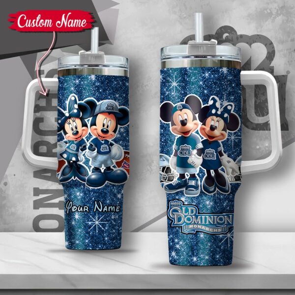 Custom Name NCAA Old Dominion Monarchs Mickey And Minnie Couple Stainless Steel Tumbler 40oz With Handle