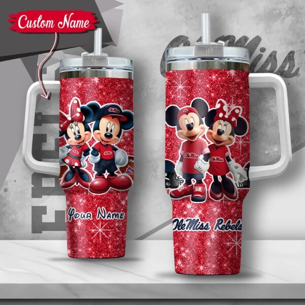 Custom Name NCAA Ole Miss Rebels Mickey And Minnie Couple Stainless Steel Tumbler 40oz With Handle