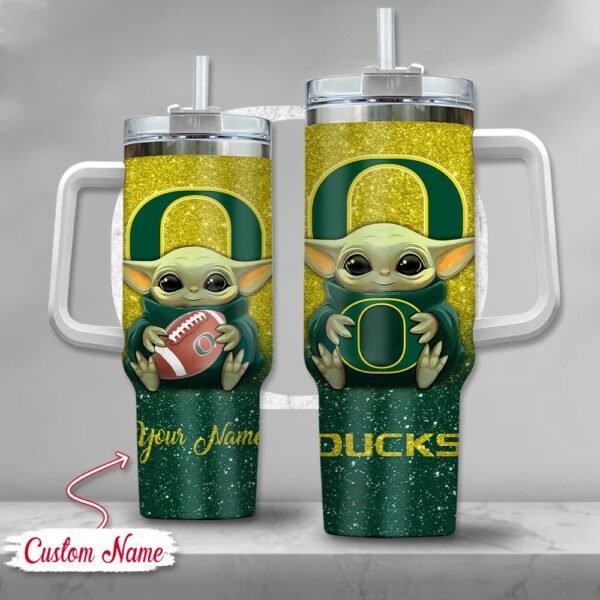 Custom Name NCAA Oregon Ducks Baby Yoda Stainless Steel Tumbler 40oz With Handle