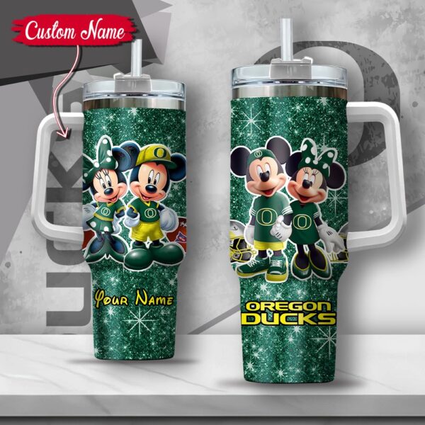 Custom Name NCAA Oregon Ducks Mickey And Minnie Couple Stainless Steel Tumbler 40oz With Handle