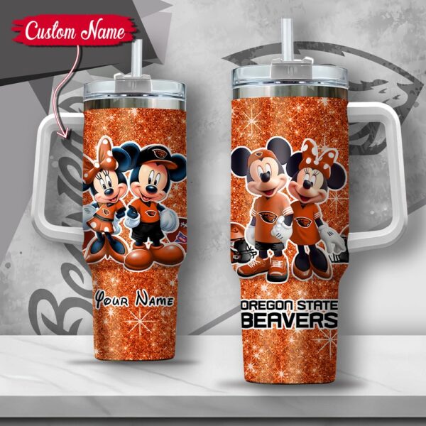 Custom Name NCAA Oregon State Beavers Mickey And Minnie Couple Stainless Steel Tumbler 40oz With Handle