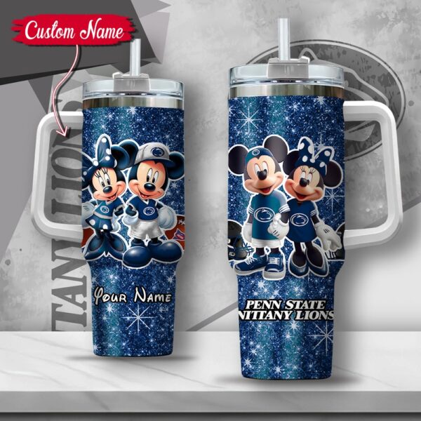 Custom Name NCAA Penn State Nittany Lions Mickey And Minnie Couple Stainless Steel Tumbler 40oz With Handle