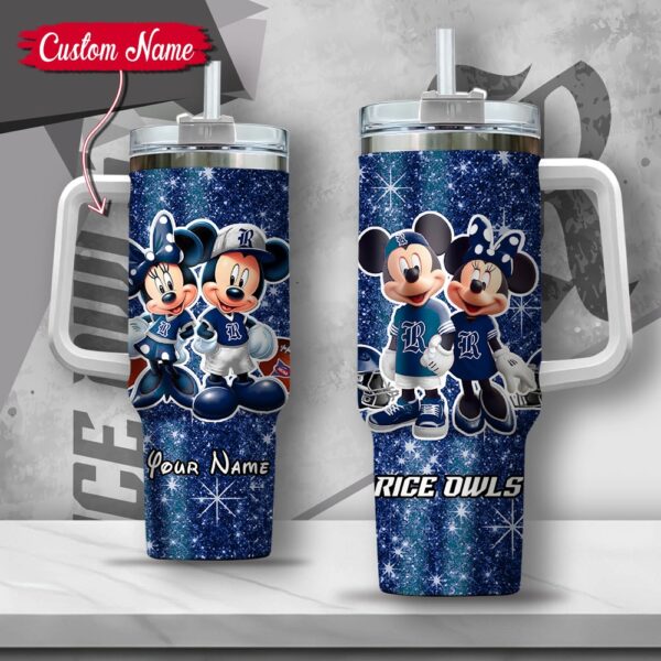 Custom Name NCAA Rice Owls Mickey And Minnie Couple Stainless Steel Tumbler 40oz With Handle