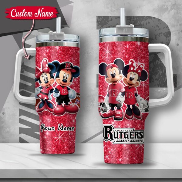 Custom Name NCAA Rutgers Scarlet Knights Mickey And Minnie Couple Stainless Steel Tumbler 40oz With Handle