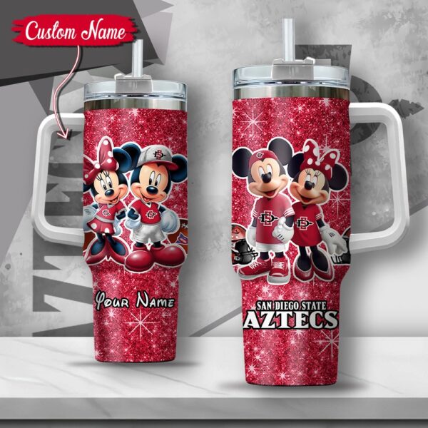 Custom Name NCAA San Diego State Aztecs Mickey And Minnie Couple Stainless Steel Tumbler 40oz With Handle