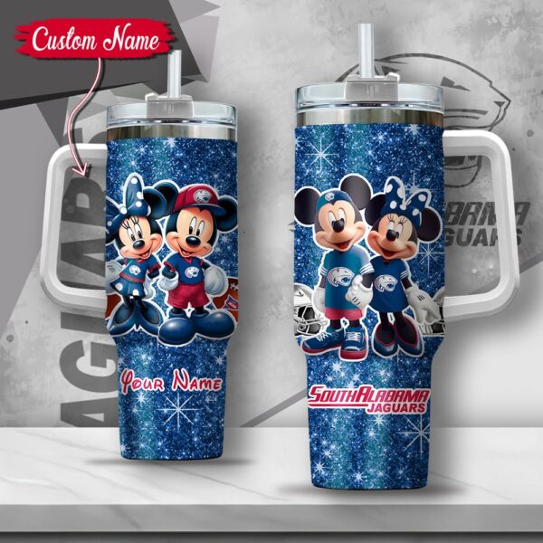 Custom Name NCAA South Alabama Jaguars Mickey And Minnie Couple Stainless Steel Tumbler 40oz With Handle