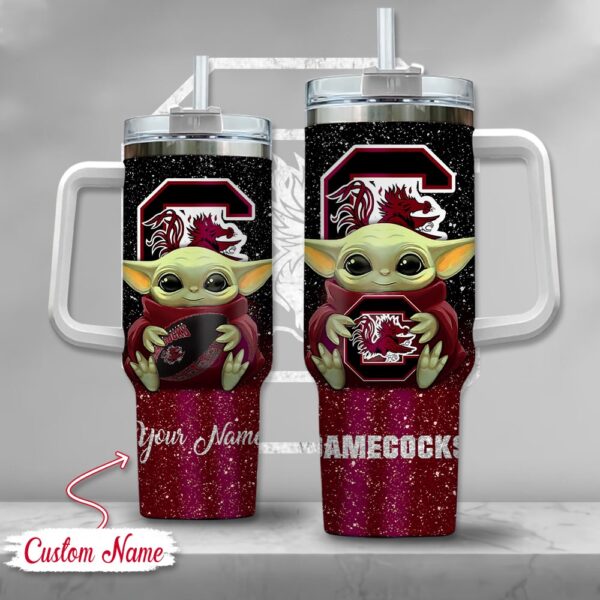 Custom Name NCAA South Carolina Gamecocks Baby Yoda Stainless Steel Tumbler 40oz With Handle