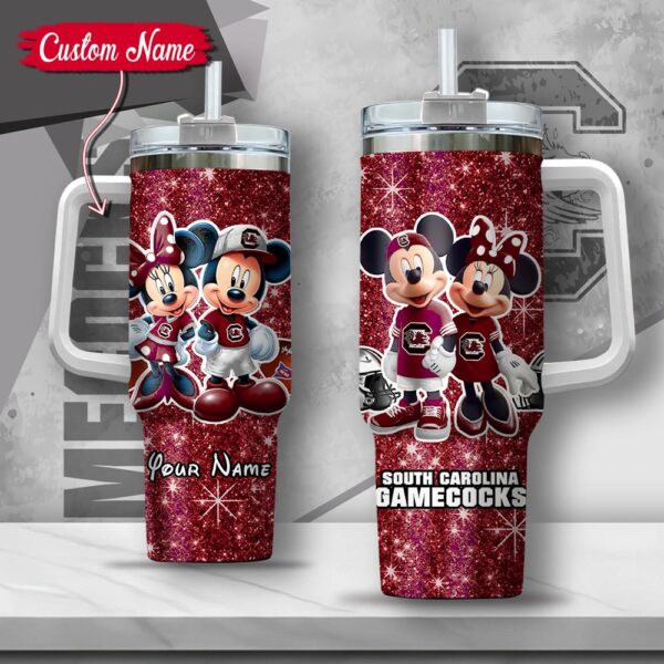 Custom Name NCAA South Carolina Gamecocks Mickey And Minnie Couple Stainless Steel Tumbler 40oz With Handle