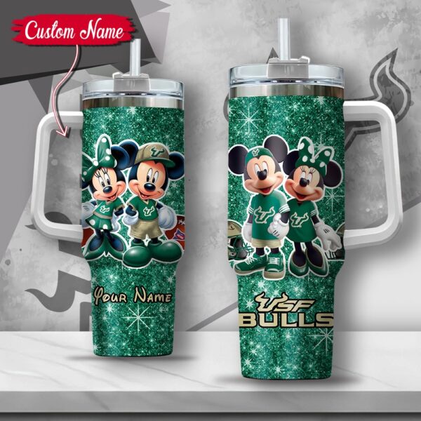 Custom Name NCAA South Florida Bulls Mickey And Minnie Couple Stainless Steel Tumbler 40oz With Handle