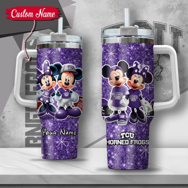 Custom Name NCAA TCU Horned Frogs Mickey And Minnie Couple Stainless Steel Tumbler 40oz With Handle