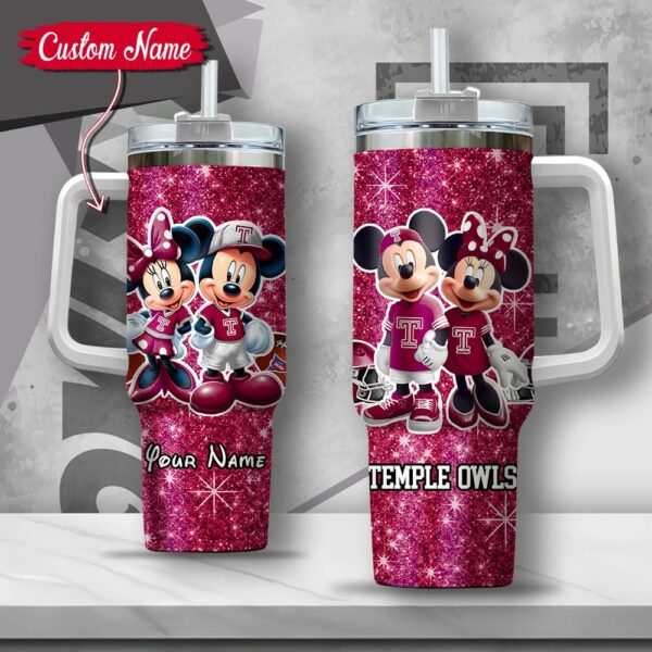 Custom Name NCAA Temple Owls Mickey And Minnie Couple Stainless Steel Tumbler 40oz With Handle