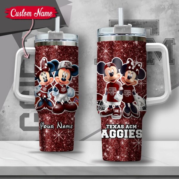 Custom Name NCAA Texas A&M Aggies Mickey And Minnie Couple Stainless Steel Tumbler 40oz With Handle