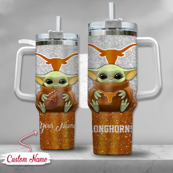 Custom Name NCAA Texas Longhorns Baby Yoda Stainless Steel Tumbler 40oz With Handle