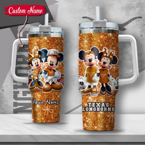 Custom Name NCAA Texas Longhorns Mickey And Minnie Couple Stainless Steel Tumbler 40oz With Handle