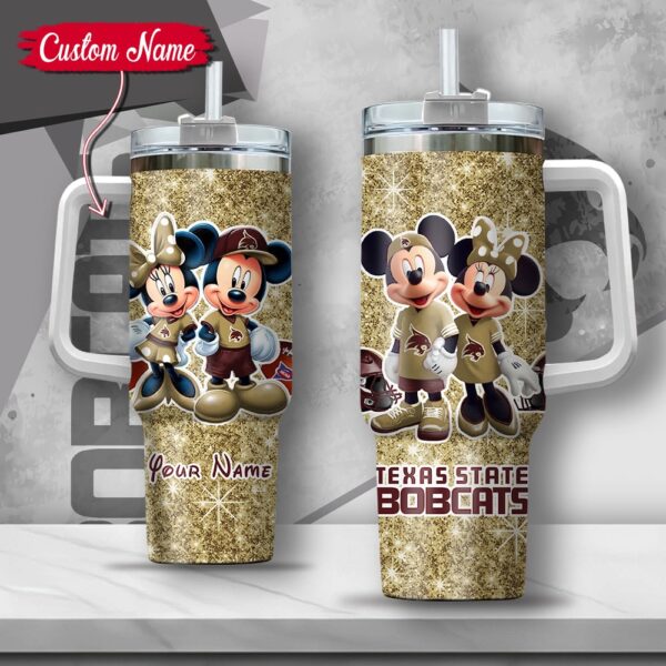 Custom Name NCAA Texas State Bobcats Mickey And Minnie Couple Stainless Steel Tumbler 40oz With Handle