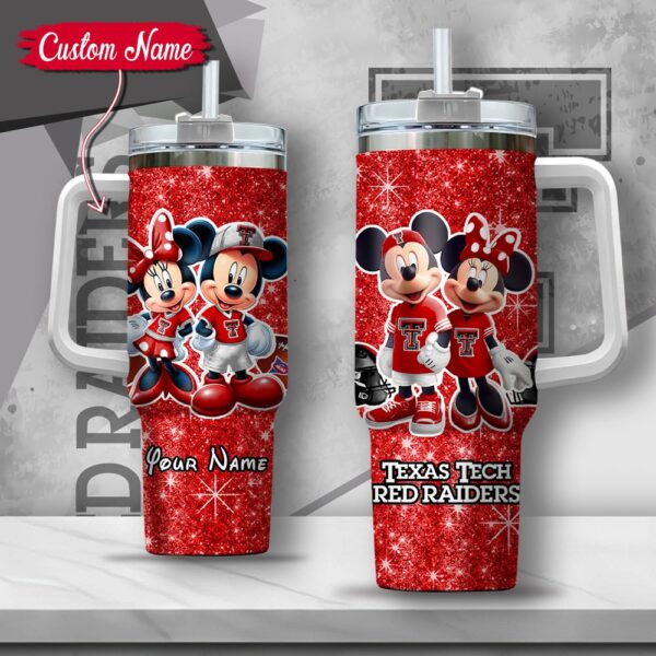 Custom Name NCAA Texas Tech Red Raiders Mickey And Minnie Couple Stainless Steel Tumbler 40oz With Handle