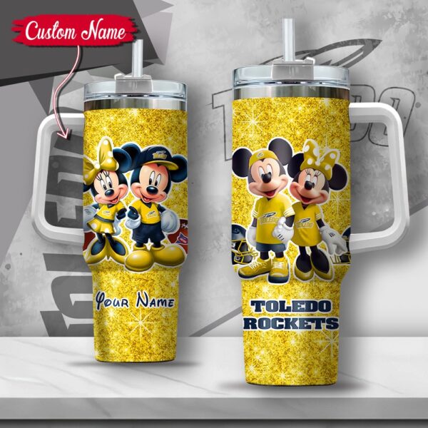 Custom Name NCAA Toledo Rockets Mickey And Minnie Couple Stainless Steel Tumbler 40oz With Handle