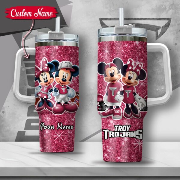 Custom Name NCAA Troy Trojans Mickey And Minnie Couple Stainless Steel Tumbler 40oz With Handle