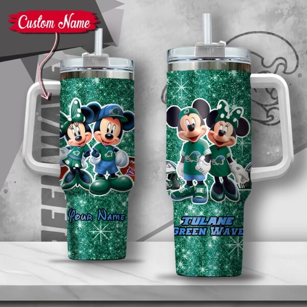 Custom Name NCAA Tulane Green Wave Mickey And Minnie Couple Stainless Steel Tumbler 40oz With Handle